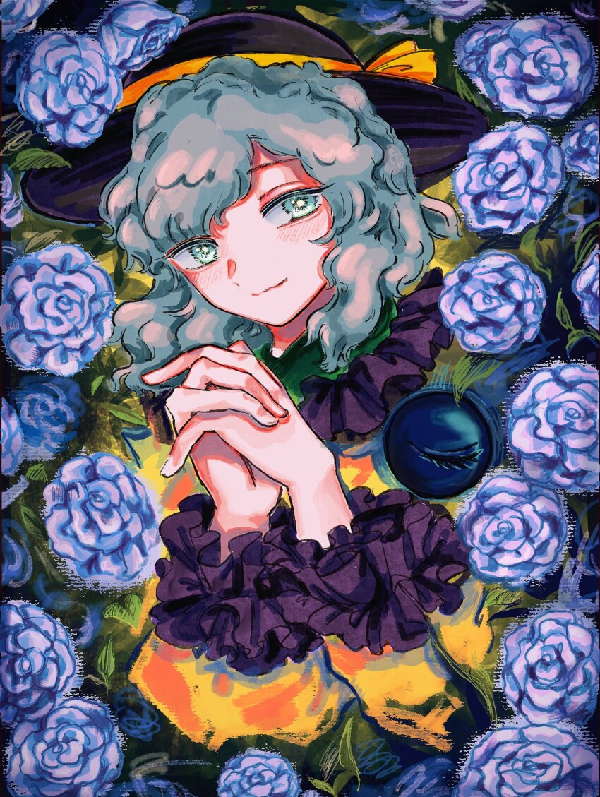 1girl, black_hat, blue_flower, blue_rose, blush, closed_mouth, collared_shirt, flower