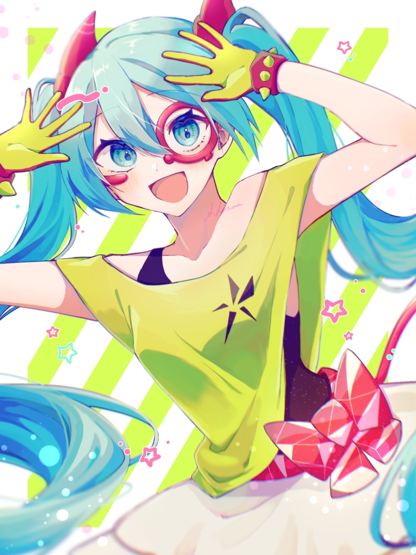 1girl, aqua_eyes, aqua_hair, belt, black_tank_top, gloves, green_background, green_gloves