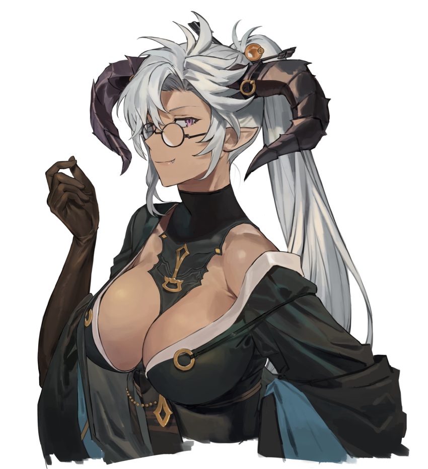1girl, between_breasts, breasts, cleavage, dark_skin, elbow_gloves, fang, fang_out