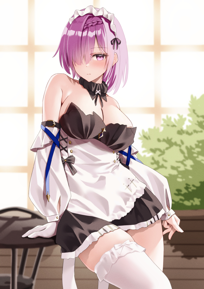1girl, absurdres, arm_support, asymmetrical_legwear, azur_lane, bare_shoulders, black_dress, bob_cut