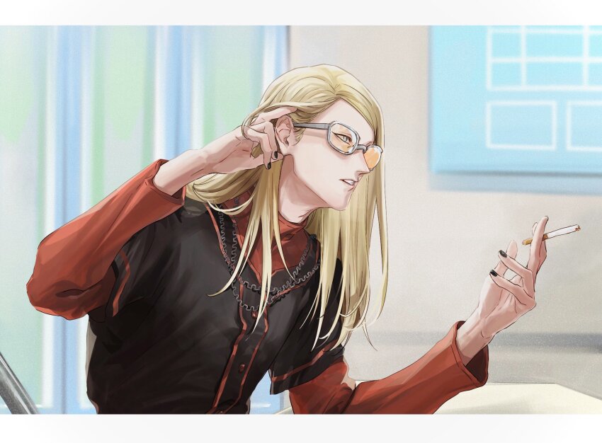 1boy, black_nails, black_shirt, blonde_hair, cigarette, fate/grail_league, fate/grand_order, fate_(series)