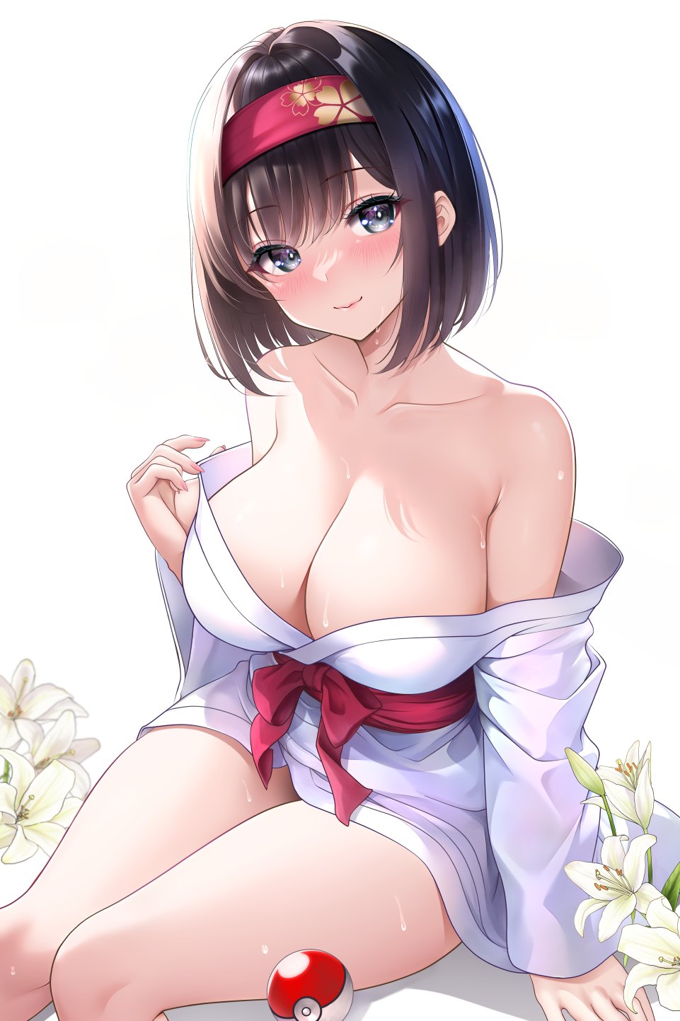 1girl, bare_shoulders, black_hair, blush, breasts, cleavage, collarbone, erika_(pokemon)