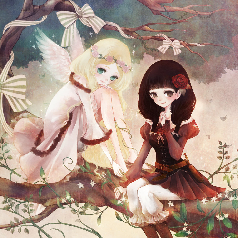 2girls, angel_wings, arm_support, bad_id, bad_pixiv_id, barefoot, belt, blonde_hair, blue_eyes, boots, bow, branch, brown_eyes, brown_hair, dress, flower, hair_flower, hair_ornament, head_wreath, leaf, legs_up, long_hair, multiple_girls, original, petals, pouch, rose, shindog, sitting, smile, tree, very_long_hair, wings