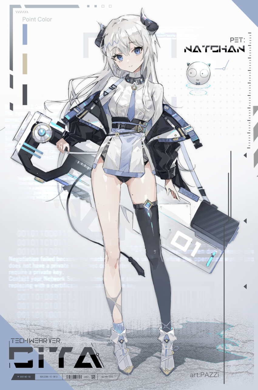 1girl, absurdres, black_jacket, blue_eyes, blue_necktie, breast_rest, breasts, dragon_horns