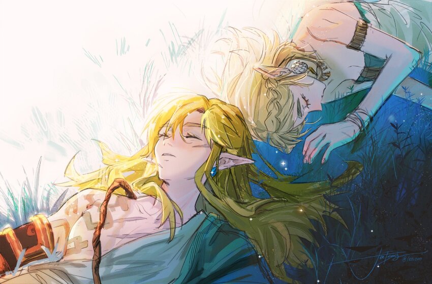 1boy, 1girl, archaic_set_(zelda), armlet, bare_shoulders, blonde_hair, braid, breasts