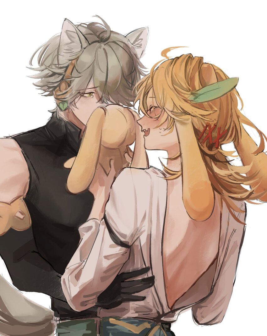 2boys, alhaitham_(genshin_impact), animal_ears, backless_shirt, belt, black_gloves, black_shirt, blonde_hair
