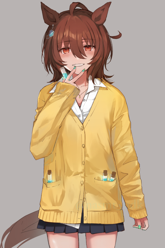 1girl, agnes_tachyon_(umamusume), ahoge, alternate_uniform, animal_ears, aqua_nails, black_skirt, brown_eyes