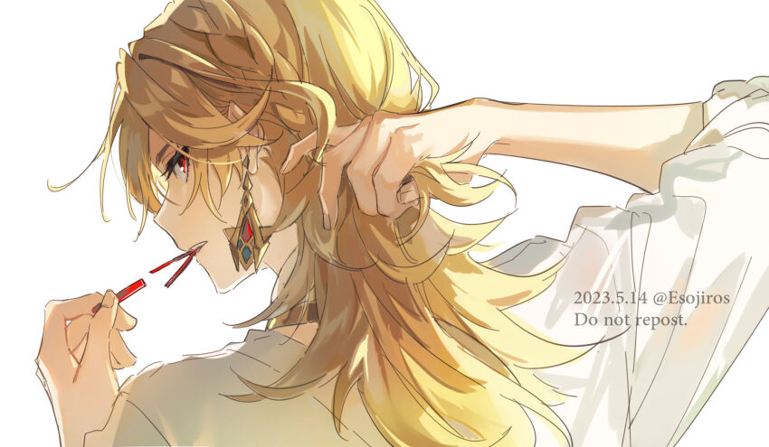 1boy, amaichi_esora, blonde_hair, braid, brown_hair, crown_braid, earrings, facing_to_the_side