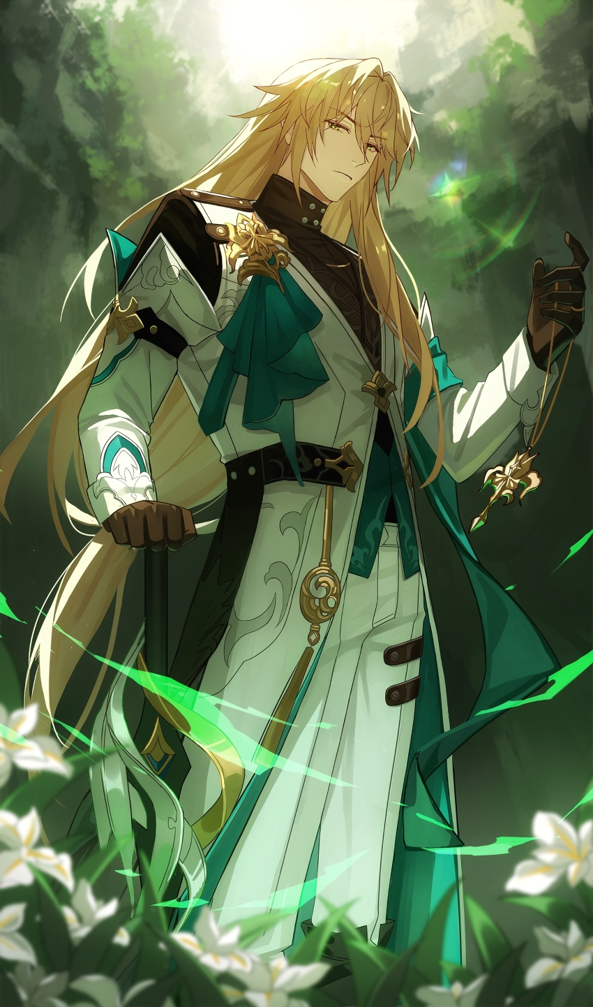 1boy, absurdres, backlighting, black_gloves, black_shirt, blonde_hair, blurry, blurry_foreground