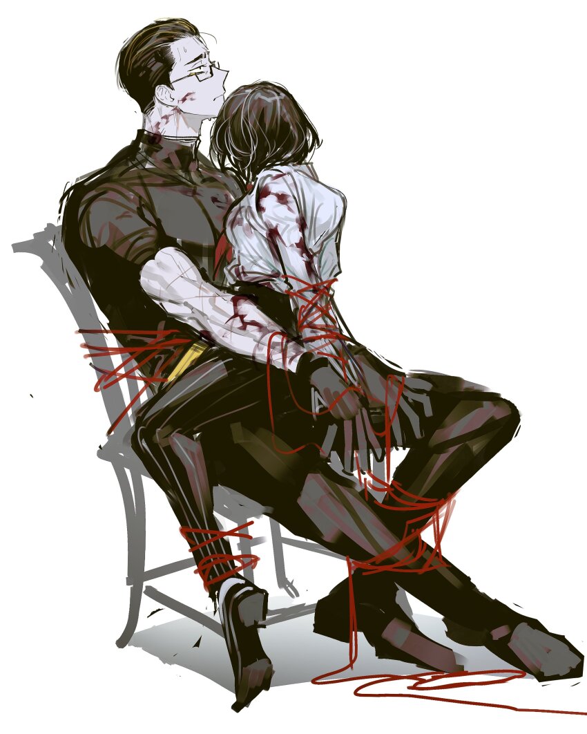 1boy, 1girl, absurdres, black_eyes, black_footwear, black_gloves, black_hair, black_pants