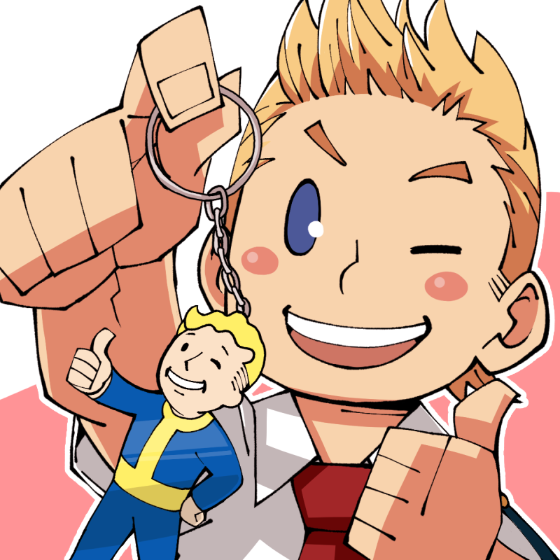 1boy, blonde_hair, blue_eyes, blush_stickers, boku_no_hero_academia, crossover, fallout, look-alike, looking_at_viewer, male_focus, merchandise, one_eye_closed, sasaki_sakichi, short_hair, smile, solo, spiked_hair, thumbs_up, togata_mirio, vault_boy