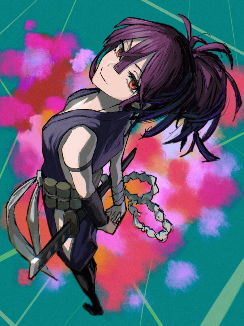 1girl, armband, bandaged_wrist, bandages, black_armband, clothing_cutout, foreshortening, hair_between_eyes, highres, hip_vent, jigokuraku, kota_2kx, looking_at_viewer, looking_up, medium_hair, ninja, orange_eyes, purple_hair, purple_robe, robe, sash, smile, solo, topknot, white_sash, wrist_guards, yuzuriha_(jigokuraku)