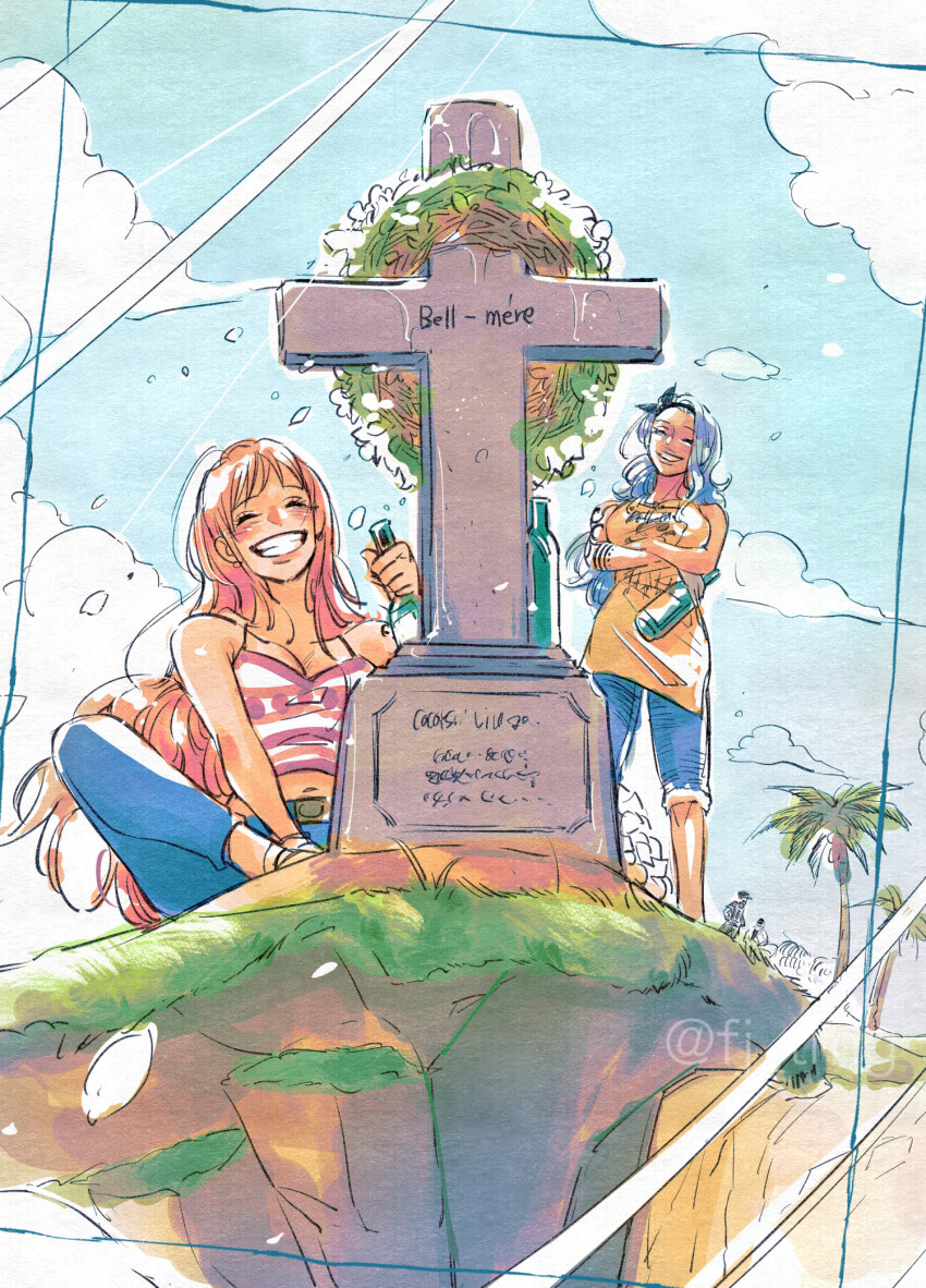 apron, arm_tattoo, bare_shoulders, belt_buckle, black_hairband, blue_hair, blue_pants, blue_shorts