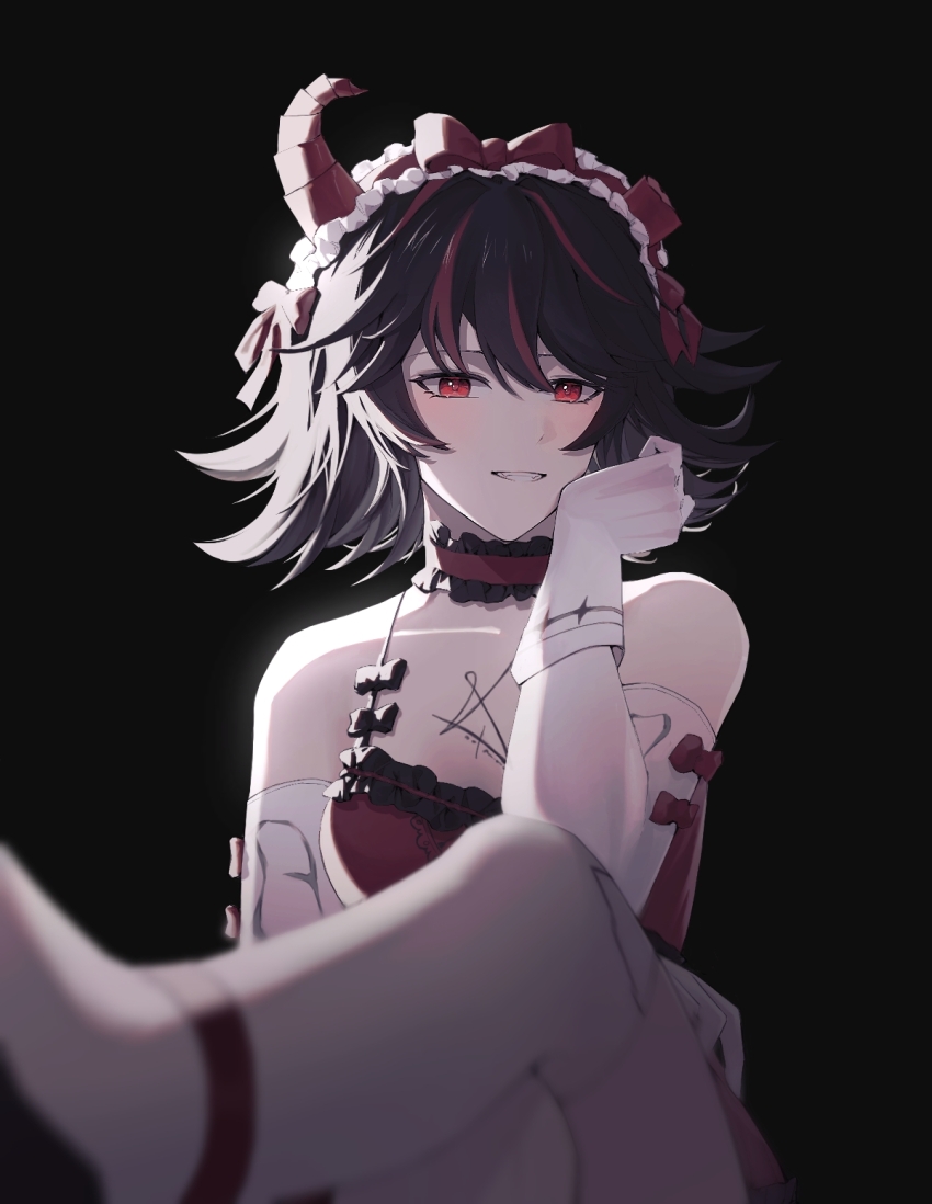 1girl, black_background, black_hair, chest_tattoo, demon_horns, fake_horns, gloves, hair_between_eyes, highres, horns, lucia:_plume_(pgr), lucia:_plume_(vermillion_bargain)_(pgr), lucia_(pgr), maid_headdress, medium_hair, multicolored_hair, parted_lips, punishing:_gray_raven, red_eyes, red_hair, sidelocks, single_horn, streaked_hair, tattoo, white_gloves, zhou_huan_(dgpe2833)