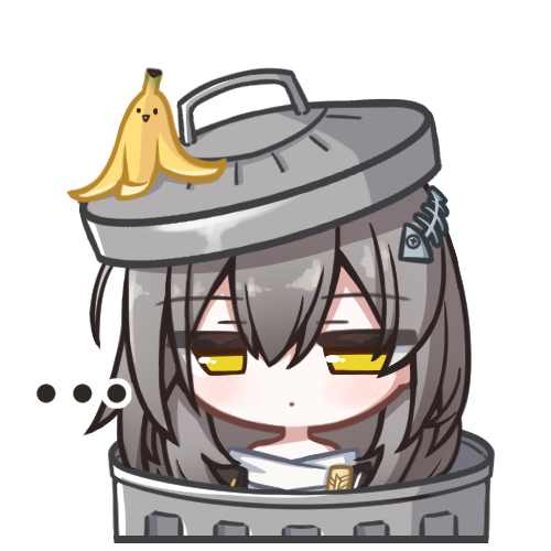 ..., 1girl, banana_peel, chibi, commentary_request, expressionless, fish_skeleton, grey_hair, hair_between_eyes, honkai:_star_rail, honkai_(series), in_container, in_trash_can, long_hair, lowres, momori_sensei, simple_background, solo, stelle_(honkai:_star_rail), trailblazer_(honkai:_star_rail), trash_can, trashcan_lid, white_background, yellow_eyes