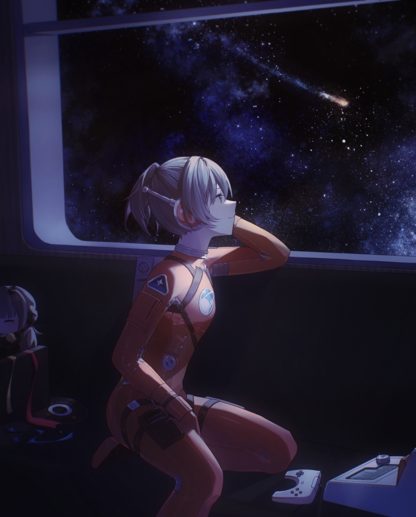 1girl, bodysuit, brown_hair, closed_mouth, controller, doll, game_controller, headphones