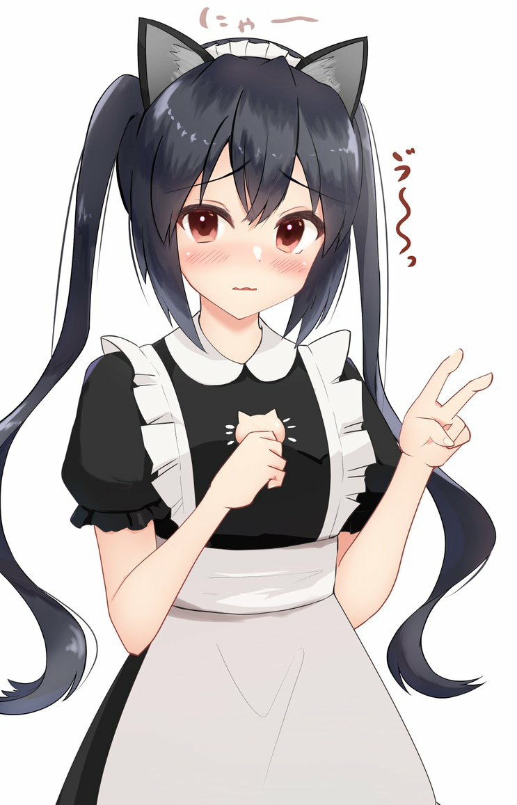 1girl, animal_ears, animal_print, apron, black_dress, black_hair, blush, brown_eyes, cat_ears, cat_print, commentary_request, dress, fake_animal_ears, hair_between_eyes, k-on!, long_hair, maid_apron, maid_headdress, nakano_azusa, parted_lips, puffy_short_sleeves, puffy_sleeves, short_sleeves, sidelocks, simple_background, solo, standing, twintails, upper_body, v, white_background, yusugi_keima