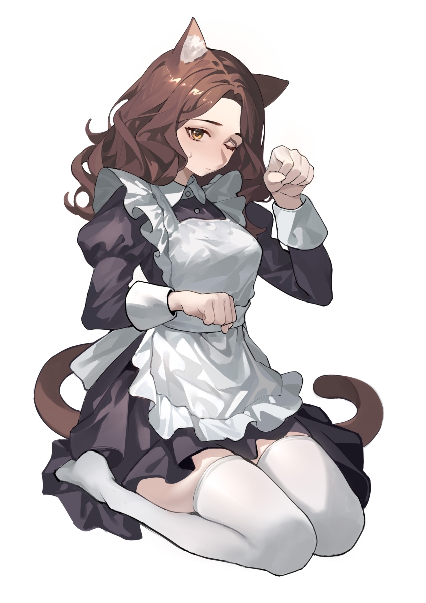 1girl, absurdres, alternate_costume, animal_ear_fluff, animal_ears, apron, black_dress, brown_hair