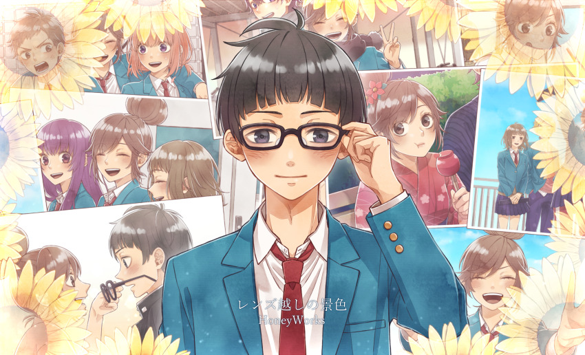 2boys, 4girls, absurdres, black-framed_eyewear, black_eyes, black_hair, black_jacket, black_scarf