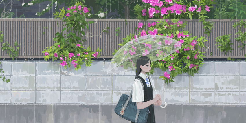 1girl, bag, black_dress, black_eyes, black_hair, bush, collared_shirt, dress