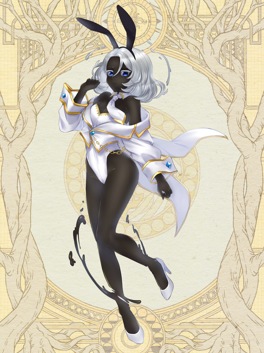 1girl, animal_ears, black_skin, blue_eyes, breasts, colored_skin, dairoku_ryouhei, fake_animal_ears