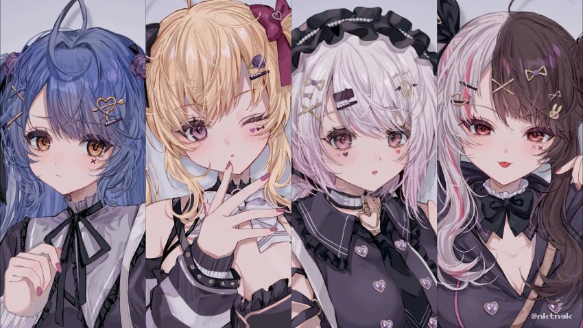 4girls, ahoge, alternate_costume, amamiya_kokoro, black_hair, black_headwear, black_ribbon, blonde_hair