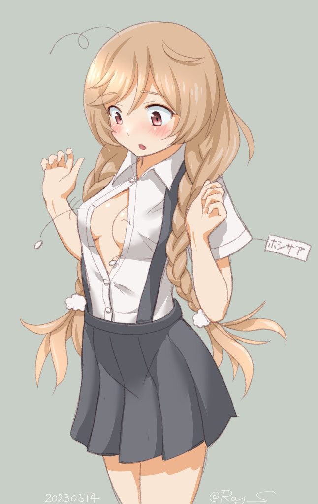 asashio_(kancolle), asashio_(kancolle)_(cosplay), braid, breasts, brown_eyes, bursting_breasts, button_gap, cloud_hair_ornament, collared_shirt, cosplay, dress_shirt, flying_button, gradient_hair, grey_background, grey_skirt, hair_ornament, kantai_collection, large_breasts, light_brown_hair, long_hair, minegumo_(kancolle), multicolored_hair, one-hour_drawing_challenge, pleated_skirt, popped_button, ray.s, shirt, simple_background, skirt, suspender_skirt, suspenders, twin_braids, undersized_clothes, white_shirt