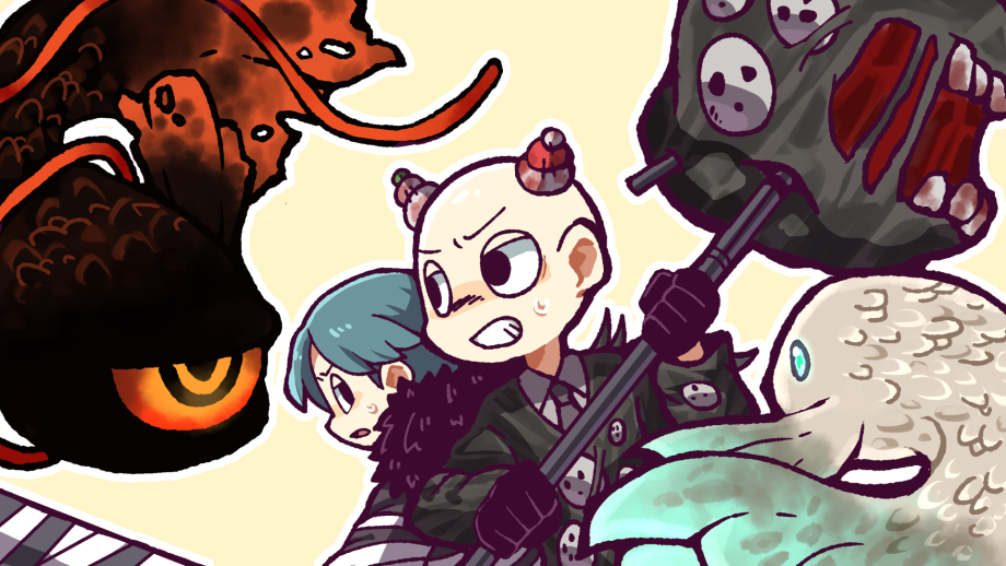 2boys, bald, black_eyes, black_gloves, black_jacket, blue_hair, clenched_teeth, collared_shirt