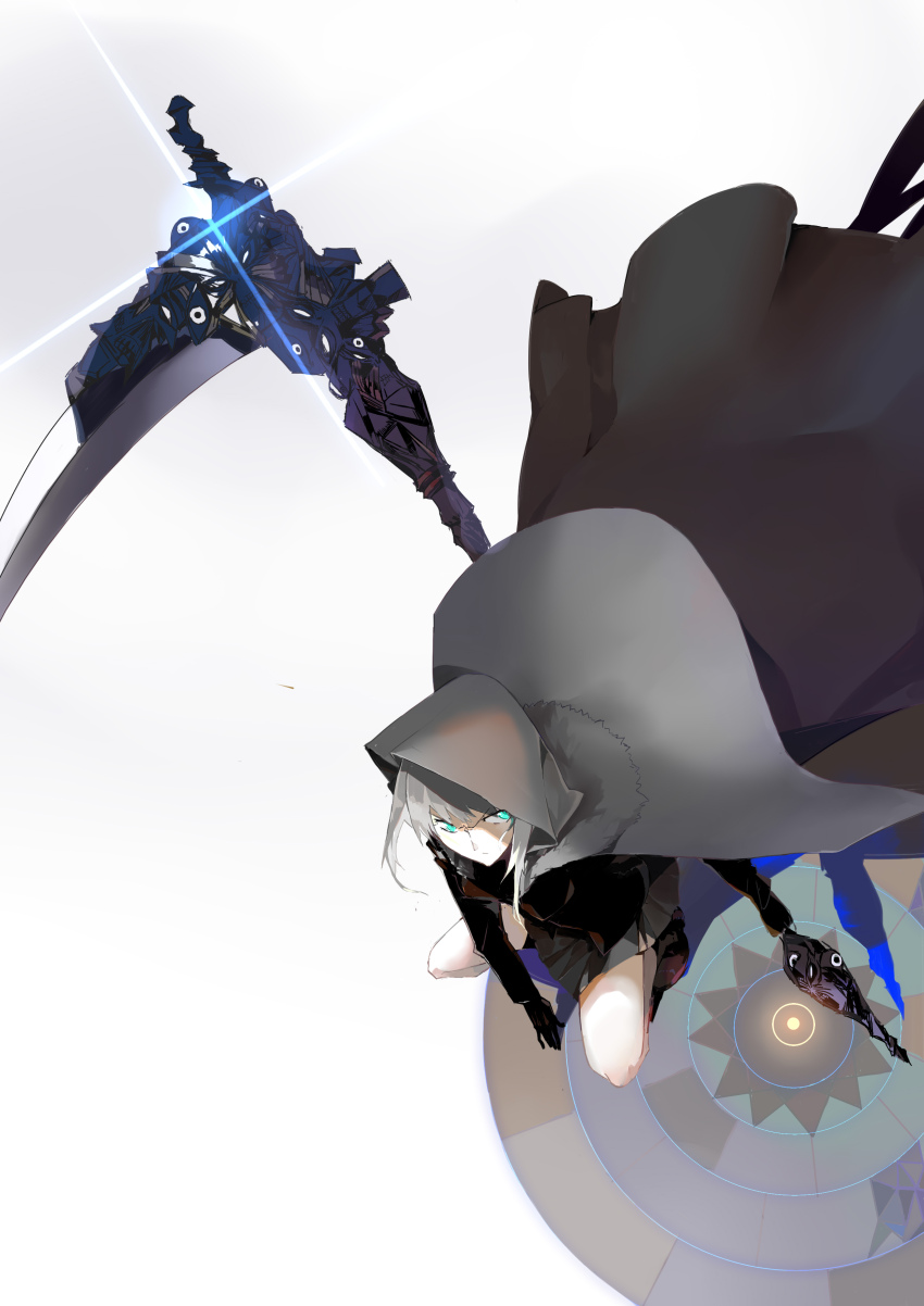 1girl, absurdres, black_gloves, black_shirt, black_skirt, blue_eyes, cloak, fate/grand_order