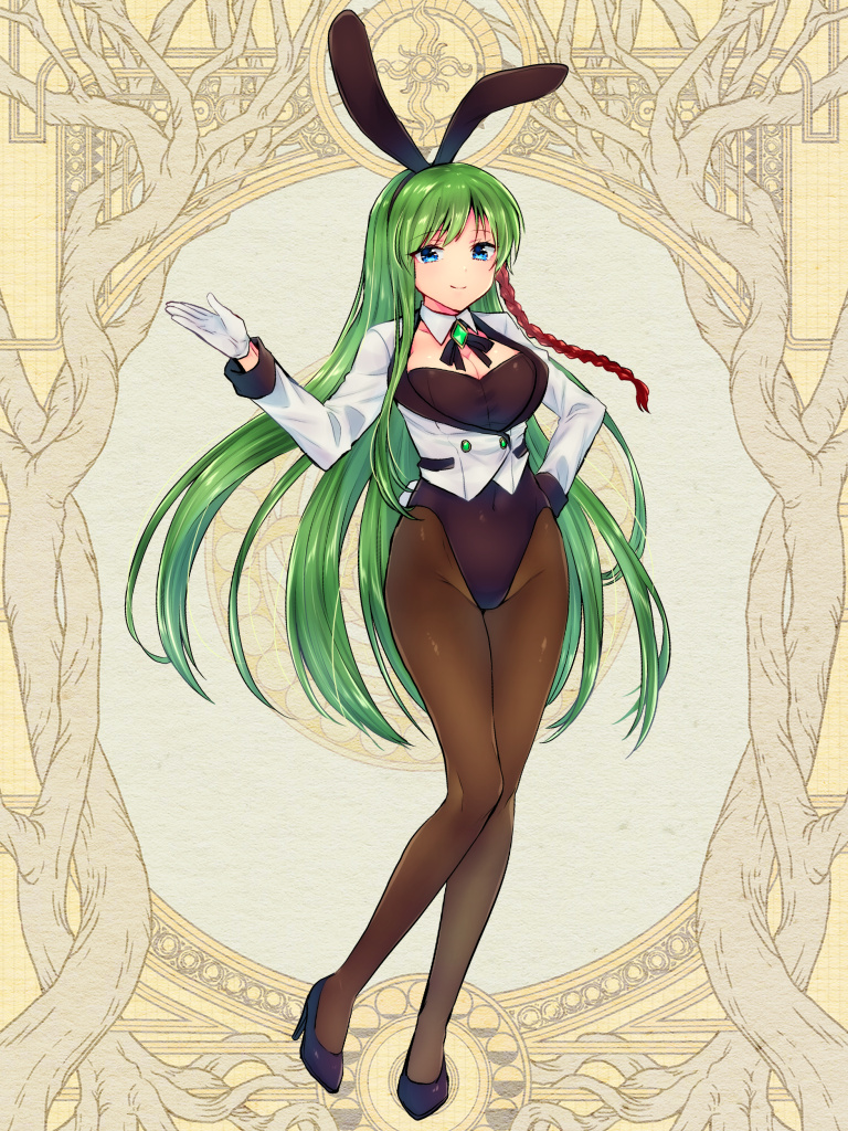 1girl, animal_ears, black_footwear, black_leotard, blue_eyes, braid, breasts, brooch