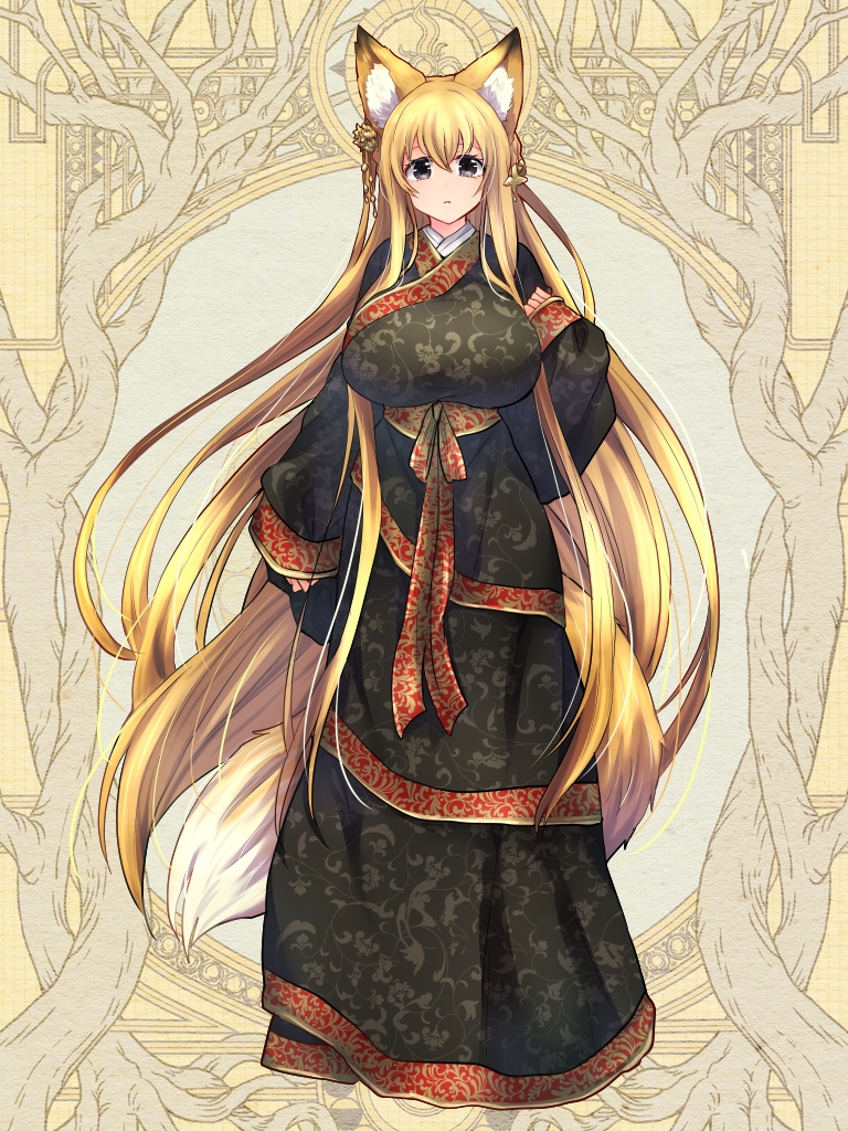 1girl, animal_ears, black_dress, blonde_hair, breasts, dairoku_ryouhei, dress, fox_ears