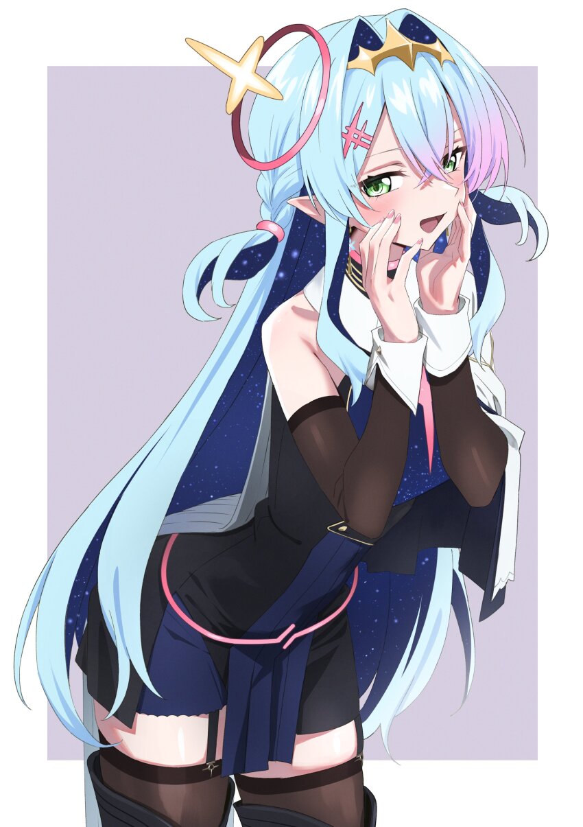 1girl, absurdres, amuriha, bare_shoulders, black_boots, black_dress, black_thighhighs, blue_hair, boots, braid, cape, choker, cropped_legs, detached_sleeves, double-parted_bangs, dress, earrings, gold_headband, green_eyes, grey_cape, hair_between_eyes, hair_ornament, hairpin, hands_on_own_face, highres, indie_virtual_youtuber, jewelry, long_hair, looking_at_viewer, multicolored_dress, multicolored_hair, pelvic_curtain, pink_choker, pink_hair, pink_nails, pointy_ears, short_braid, sidelocks, simple_background, sky, snowflake_earrings, standing, star_(sky), starry_sky, suzutuki_anya, thigh_boots, thighhighs, twin_braids, virtual_youtuber, wrist_cuffs