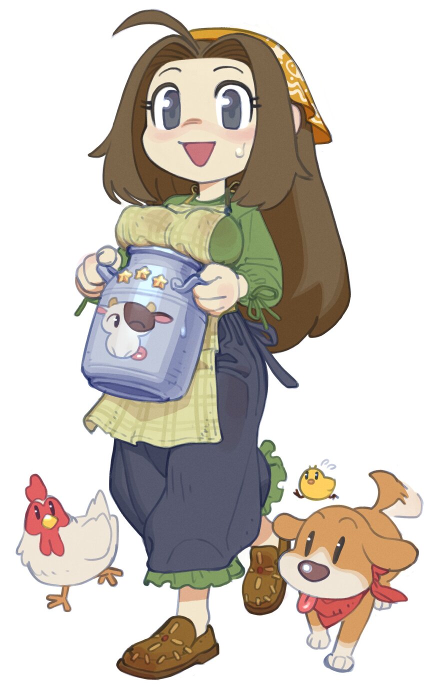1girl, absurdres, apron, baby_animal, bird, bokujou_monogatari, bokujou_monogatari:_wonderful_life, bottle, breast_press, breasts, brown_hair, chick, chicken, darkbot, dog, happy, harvest_moon, highres, large_breasts, milk_bottle, sepiria_(bokujou_monogatari), shoes, sweatdrop