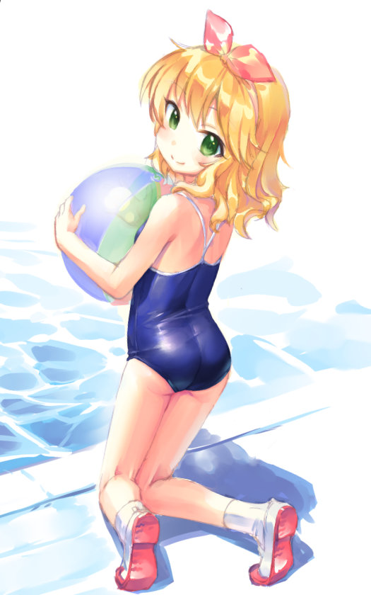 1girl, ass, ball, blonde_hair, blue_one-piece_swimsuit, blush, bow_hairband, day