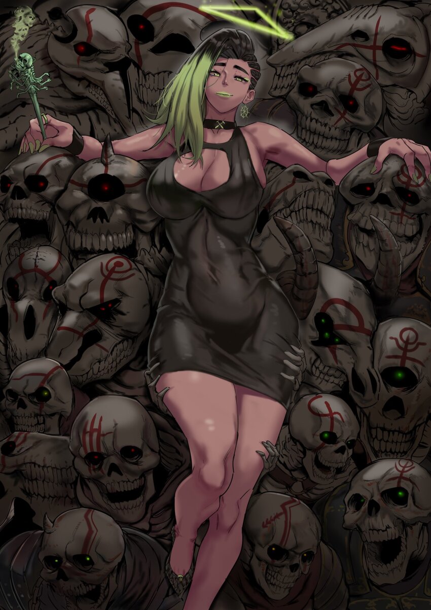 1girl, breasts, charona, dark-skinned_female, dark_skin, furiouzly, green_eyes, green_hair