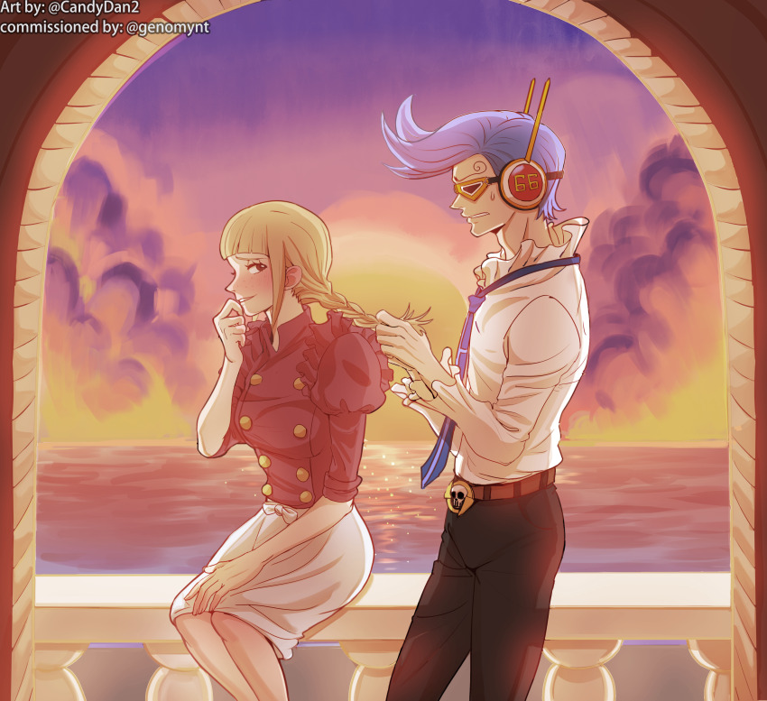 1boy, 1girl, absurdres, artist_name, blue_hair, blue_necktie, blush, braid