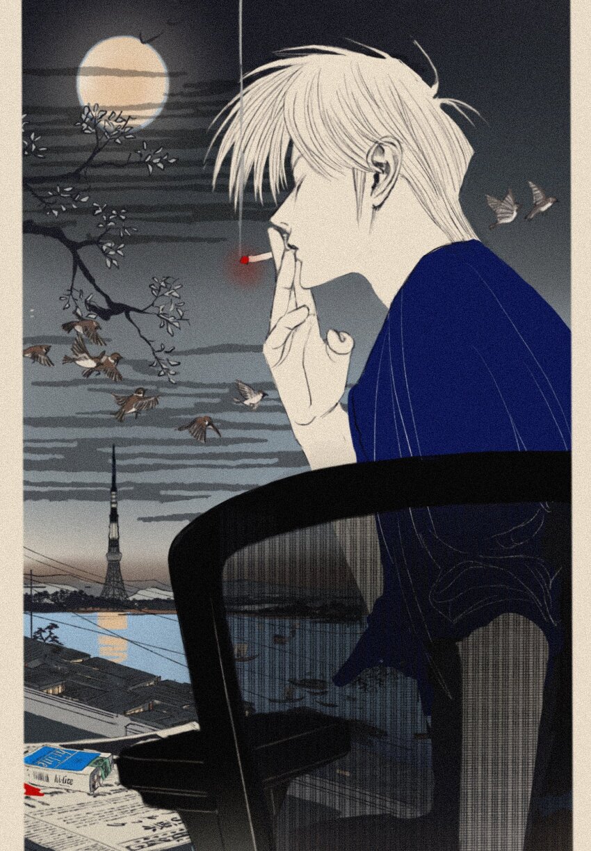 1boy, akagi:_yami_ni_oritatta_tensai, akagi_shigeru, between_fingers, bird, blue_shirt, branch, building