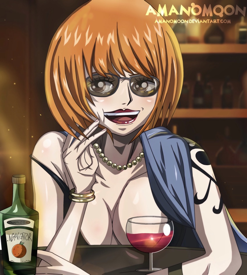 1girl, absurdres, aged_up, alcohol, amanomoon, arm_tattoo, artist_name, bottle, bracelet, cup, drinking_glass, highres, jewelry, lipstick, makeup, nami_(one_piece), necklace, one_piece, open_mouth, orange_hair, pearl_necklace, red_lips, short_hair, smile, solo, sunglasses, tattoo, watermark, web_address, wine, wine_glass