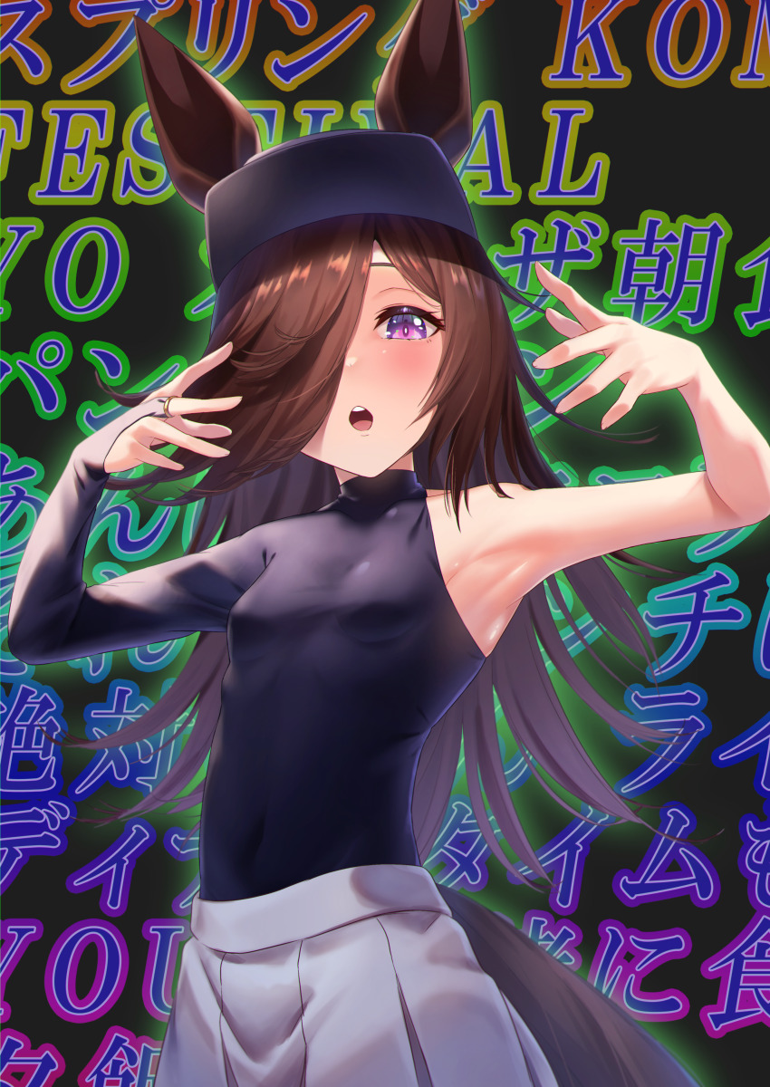 1girl, absurdres, animal_ears, armpits, baseball_cap, black_hat, black_shirt, blush