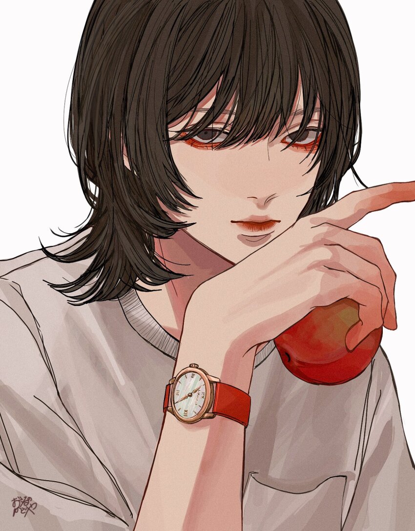 1boy, androgynous, apple, bishounen, black_hair, breast_pocket, brown_eyes, closed_mouth, food, fruit, hand_up, highres, holding, holding_food, holding_fruit, kagoya1219, lia_kulea, long_bangs, looking_at_viewer, male_focus, original, pocket, shirt, signature, simple_background, solo, upper_body, watch, white_background, white_shirt, wristwatch