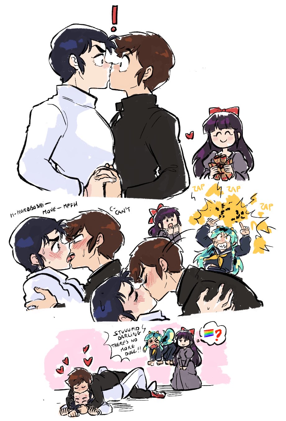 2boys, 2girls, angry, duck_etc, english_text, fujoshi, highres, jealous, kiss, lum, meme, mendou_ryouko, mendou_shuutarou, moroboshi_ataru, multiple_boys, multiple_girls, pride_flag_question_mark_(meme), rainbow_flag, urusei_yatsura, voodoo_doll, yaoi