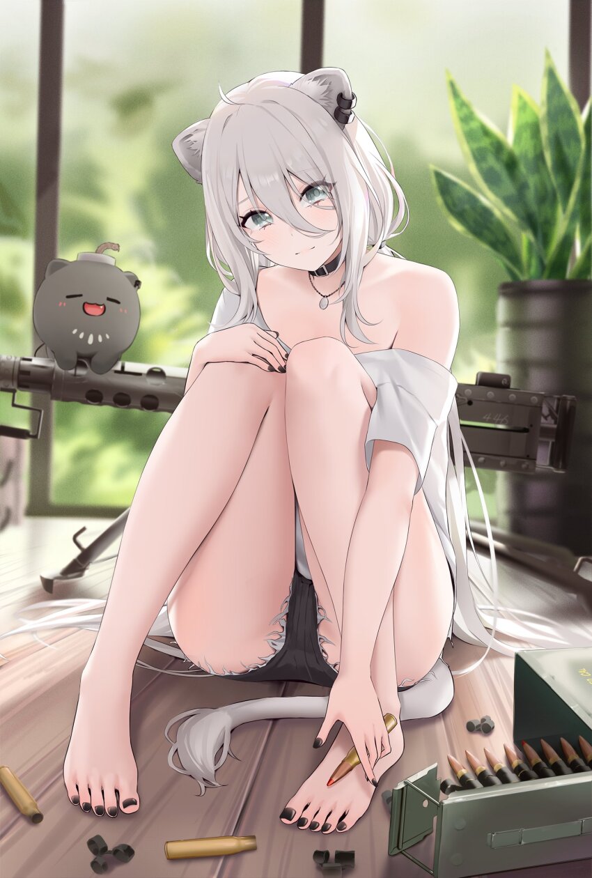 1girl, alternate_costume, ammunition, ammunition_belt, ammunition_box, animal_ears, barefoot, black_choker