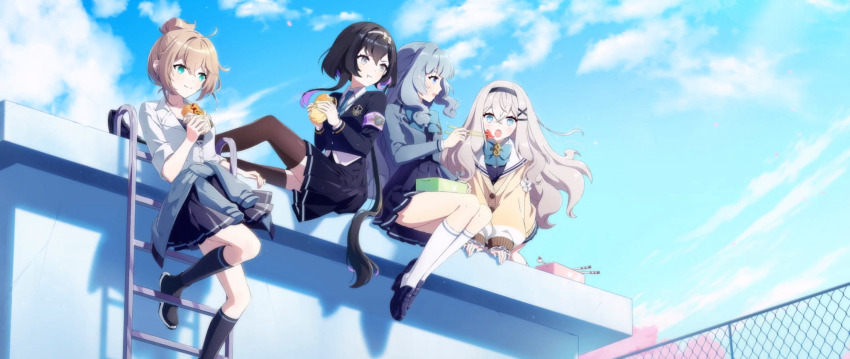 4girls, :o, artist_request, bento, black_footwear, black_hair, black_jacket, blazer