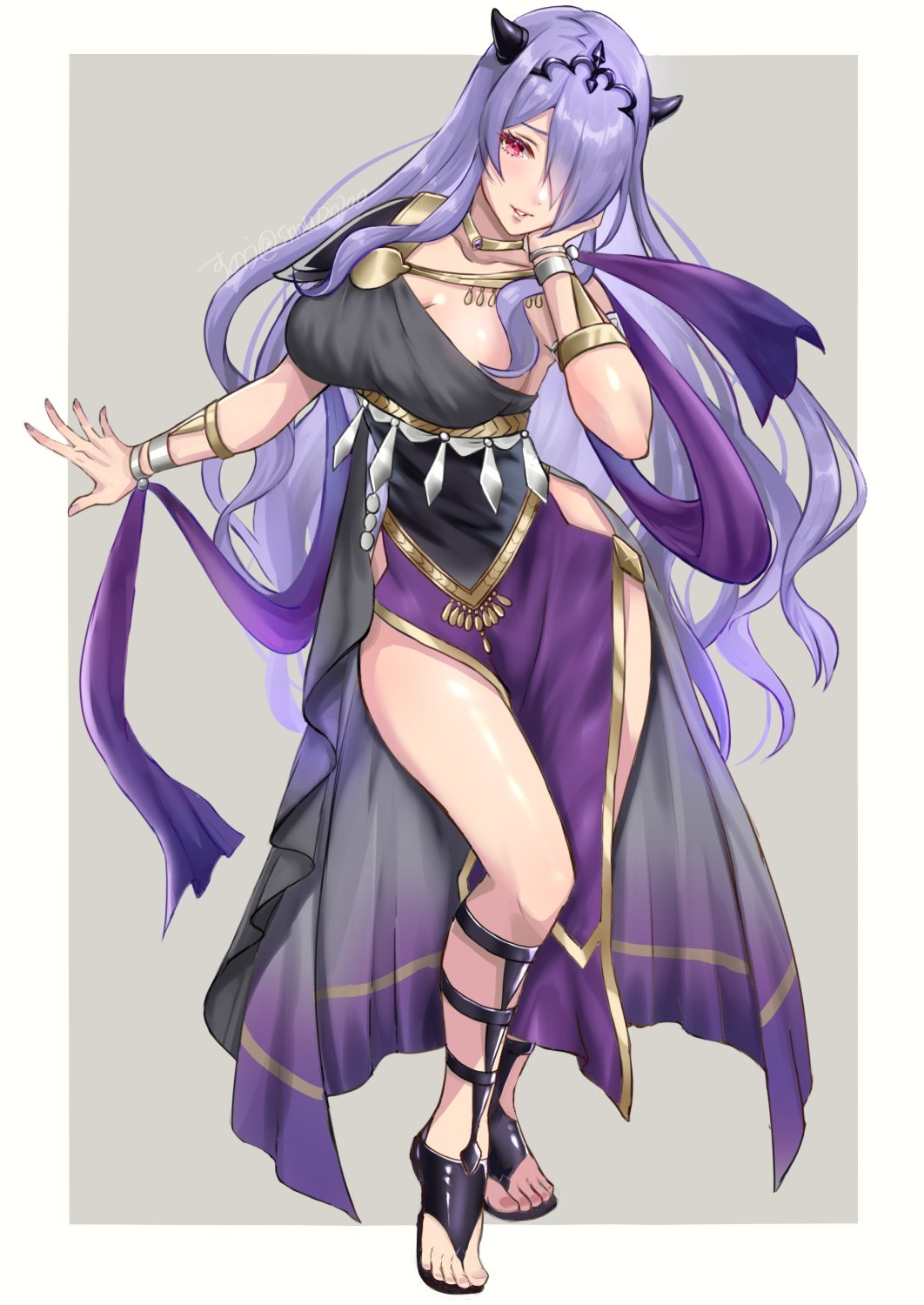 1girl, alternate_costume, ancient_greek_clothes, armlet, bracelet, breasts, camilla_(fire_emblem), cleavage, commentary_request, dancer, dancer_(fire_emblem:_three_houses), dress, fire_emblem, fire_emblem:_three_houses, fire_emblem_fates, gladiator_sandals, greco-roman_clothes, hair_over_one_eye, highres, jewelry, large_breasts, legs, long_hair, looking_at_viewer, nintendo, pelvic_curtain, purple_eyes, purple_hair, revision, sandals, single-shoulder_dress, smile, snow20200, solo, toes