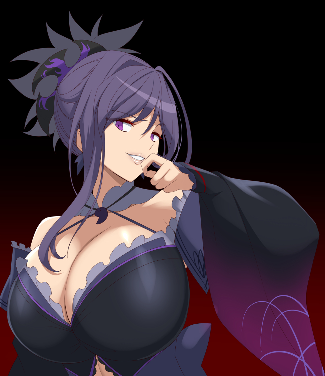 1girl, bare_shoulders, black_kimono, breasts, clothing_cutout, cutout_above_navel, dark_persona, fate/grand_order