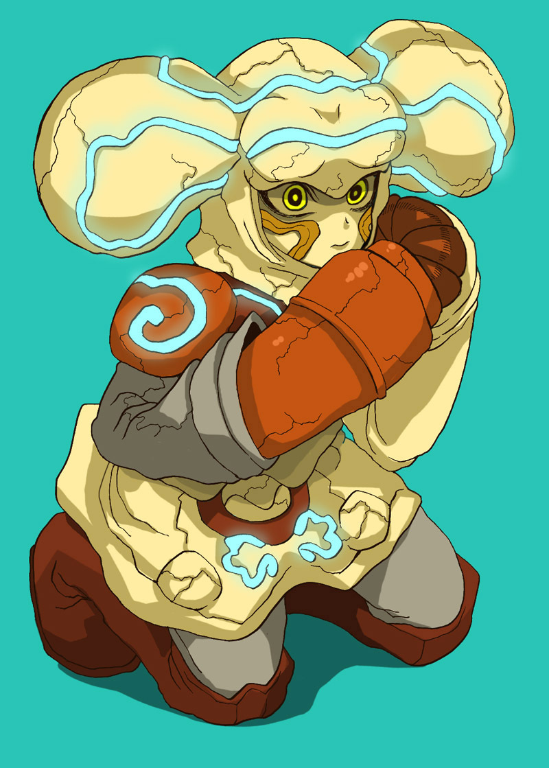 1girl, androgynous, blue_background, clay_doll_dopant, costume, facepaint, female_focus, full_body