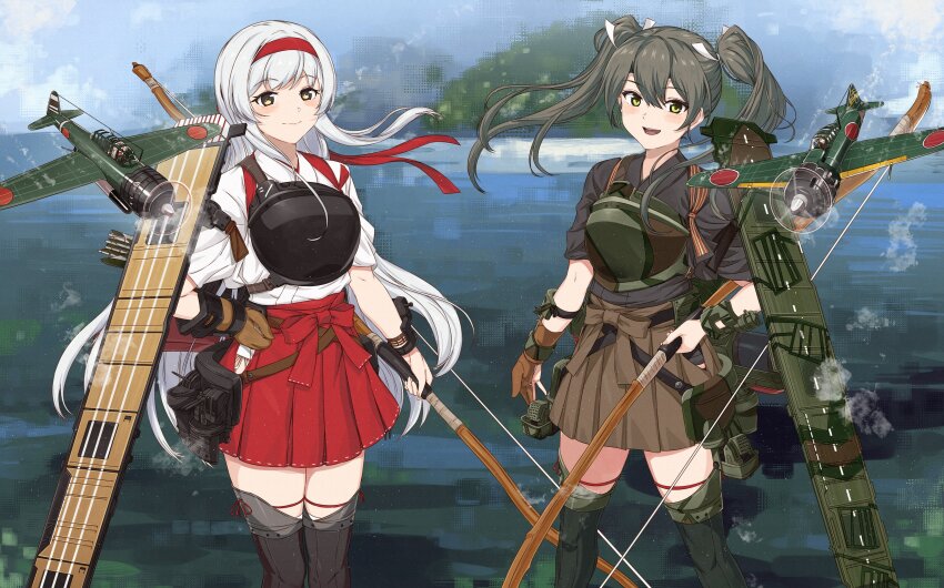 2girls, absurdres, aircraft, bow_(weapon), brown_hakama, commission, day, flight_deck