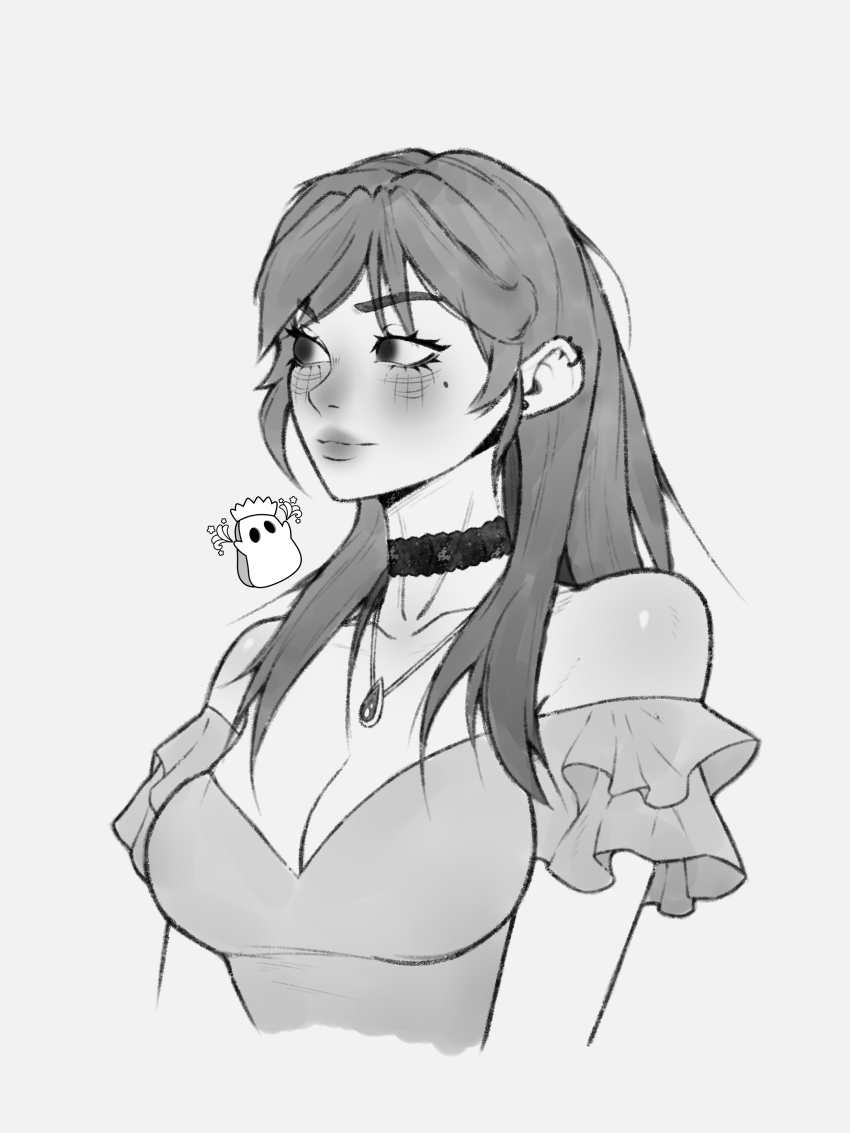 1girl, absurdres, blush, breasts, chaotic_spellkasper, choker, cleavage, cleavage_cutout