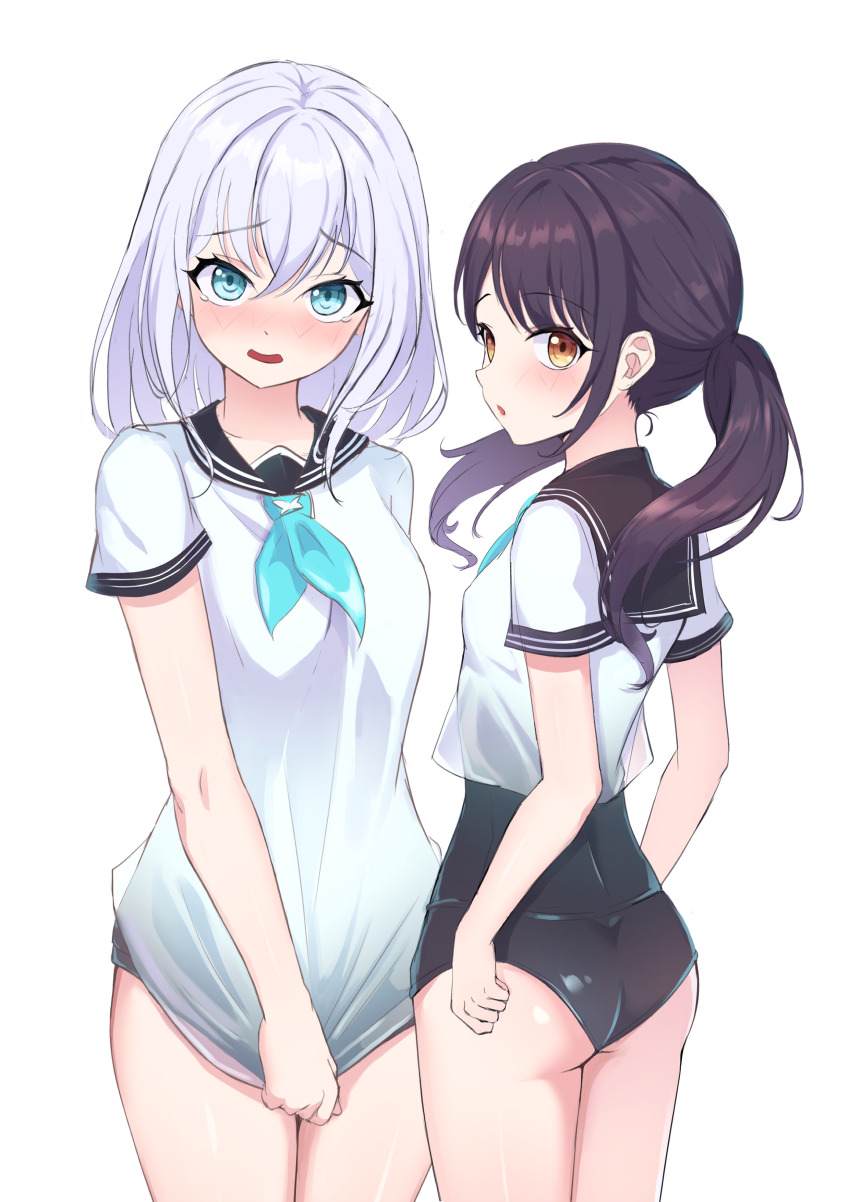 2girls, absurdres, aqua_eyes, aqua_neckerchief, arms_at_sides, arms_behind_back, ass, bang_dream!, bang_dream!_girls_band_party!, black_hair, black_one-piece_swimsuit, black_sailor_collar, blush, breasts, commentary, cowboy_shot, crop_top, futaba_tsukushi, hair_between_eyes, highres, jihi, kurata_mashiro, long_hair, looking_at_viewer, looking_to_the_side, medium_breasts, medium_hair, multiple_girls, neckerchief, no_pants, nose_blush, one-piece_swimsuit, parted_lips, raised_eyebrows, sailor_collar, school_swimsuit, school_uniform, see-through_clothes, serafuku, shirt, shirt_tug, short_sleeves, simple_background, small_breasts, standing, swimsuit, swimsuit_under_clothes, tearing_up, twintails, white_background, white_hair, white_shirt, yellow_eyes