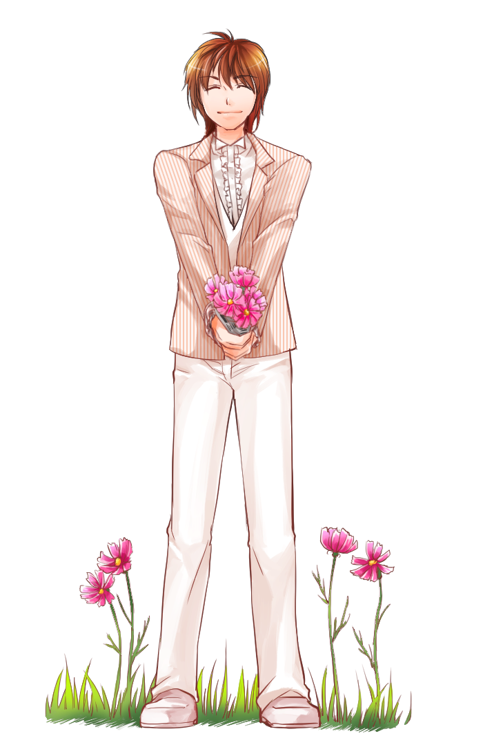 1boy, brown_hair, closed_eyes, closed_mouth, facing_viewer, flower, formal_clothes, full_body